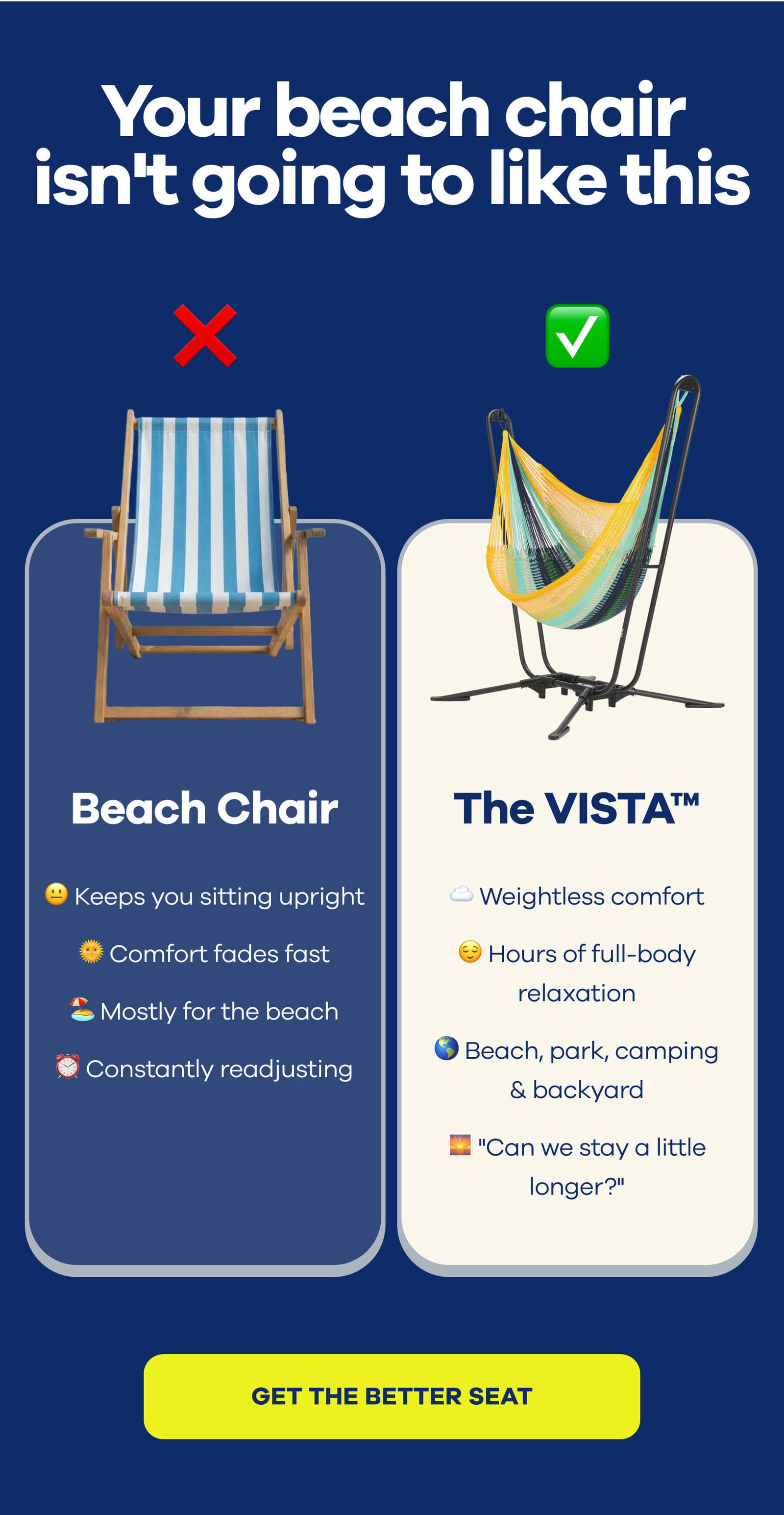 Your beach chair isn't going to like this  Beach Chair	              😐 Keeps you sitting upright 🌞 Comfort fades fast 🏖️ Mostly for the beach ⏰ Constantly readjusting  The VISTA™ 😐 Keeps you sitting upright 🌞 Comfort fades fast 🏖️ Mostly for the beach ⏰ Constantly readjusting GET THE BETTER SEAT