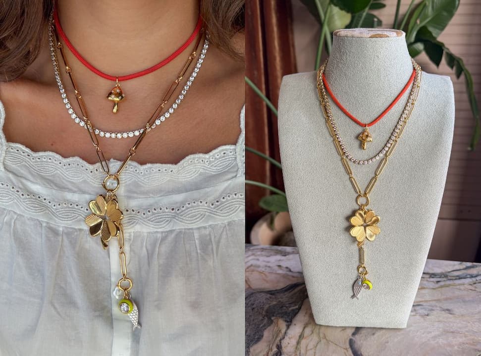 Model wearing a loaded necklace stack; the same necklace stack shown on a bust