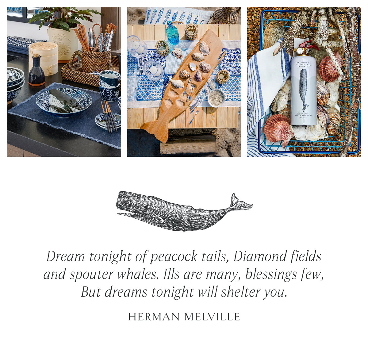 Dream tonight of peacock tails, Diamond fields and spouter whales. Ills are many, blessings few, But dreams tonight will shelter you. Herman Melville