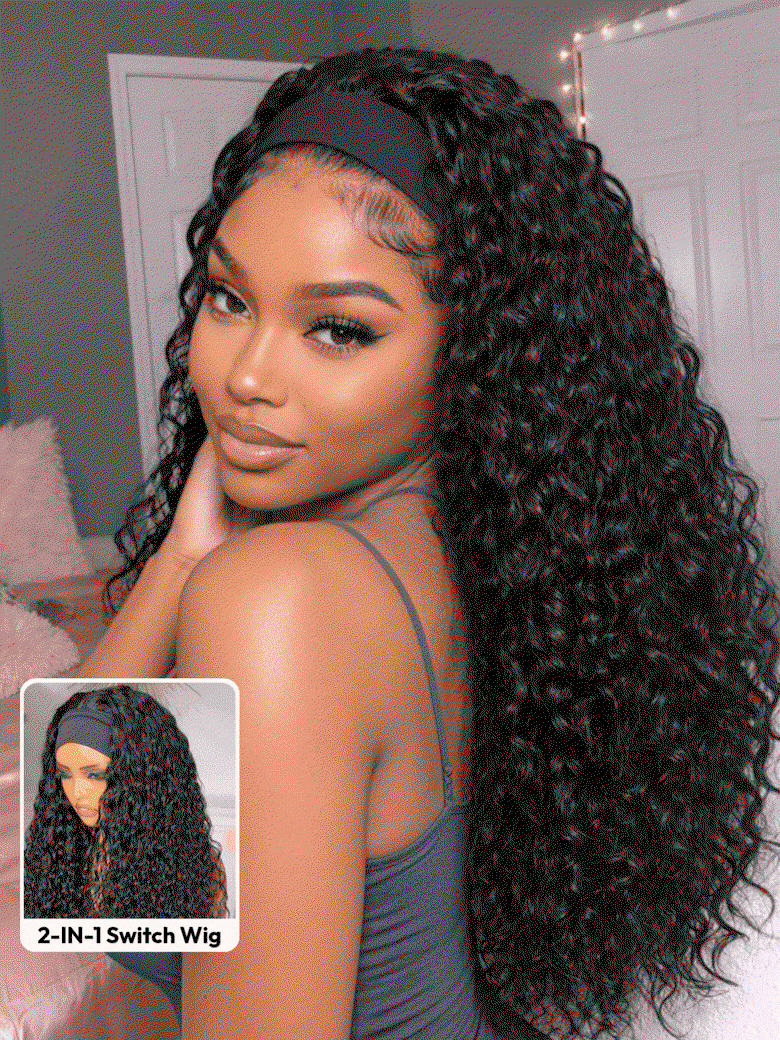 UNice Water Wave In Natural Black 2-In-1 Switch™ Breathable Headband Wig with Flexible Drawstring