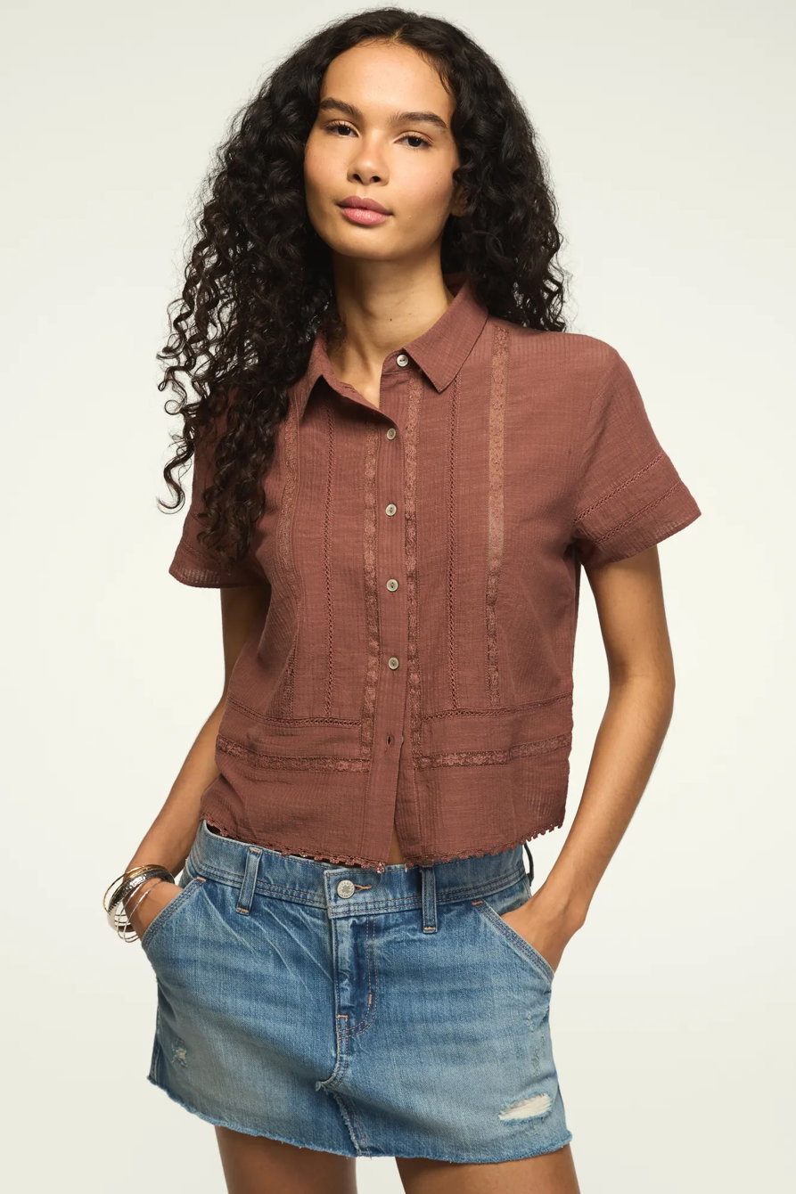 Image of Lucky Brand Lace Trimmed Camp Shirt - Women's Clothing Button Down Tops Shirts in Marron