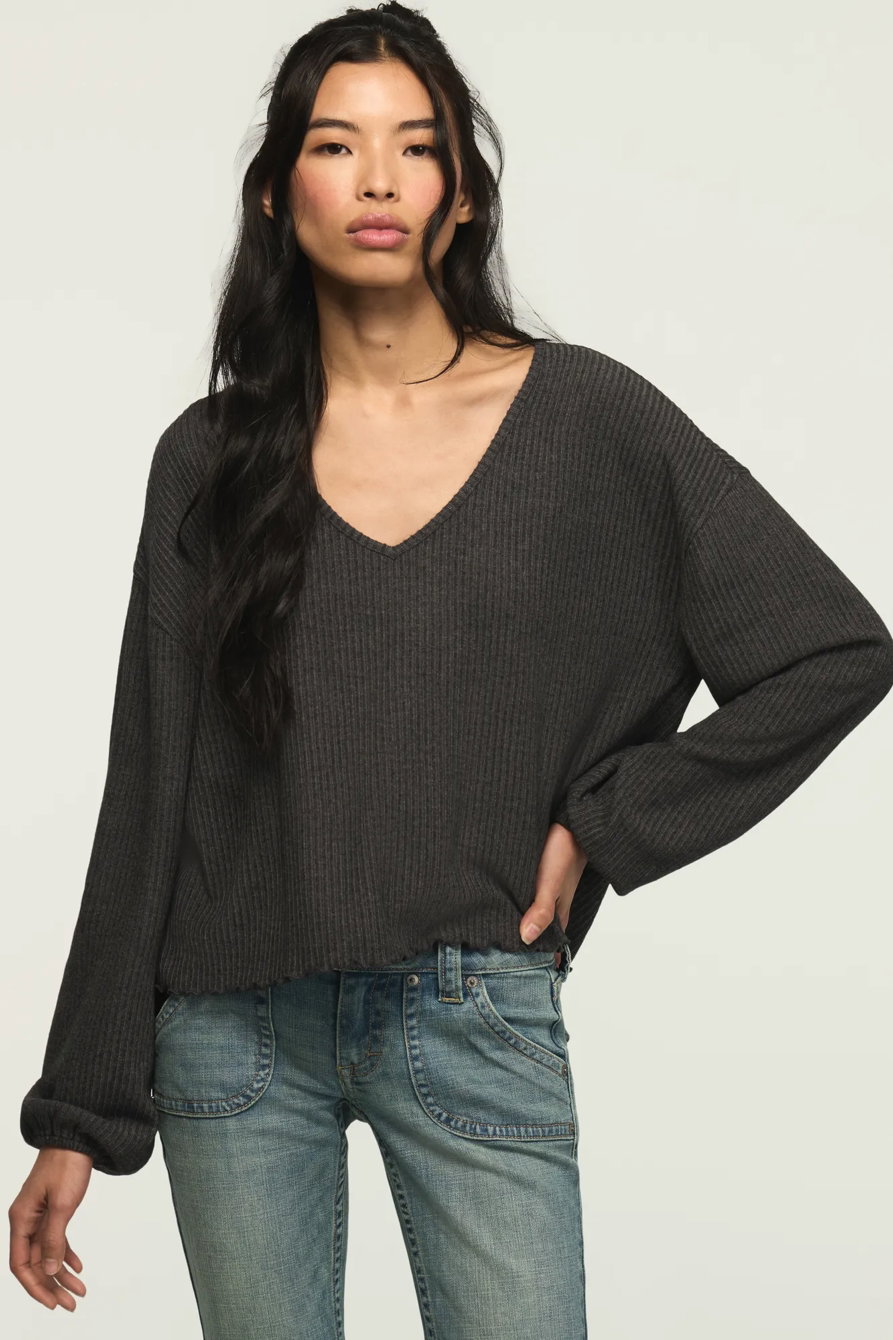 Image of Lucky Brand Cloud Lettuce Hem V Neck Top - Women's Clothing V Neck Tops Tee Shirts in Ginger Snap