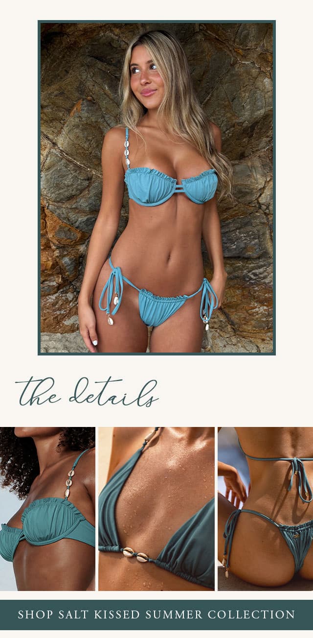 Collage of models wearing tel colored swim with shell hardware details. Shop Salt Kissed Summer Collection. 