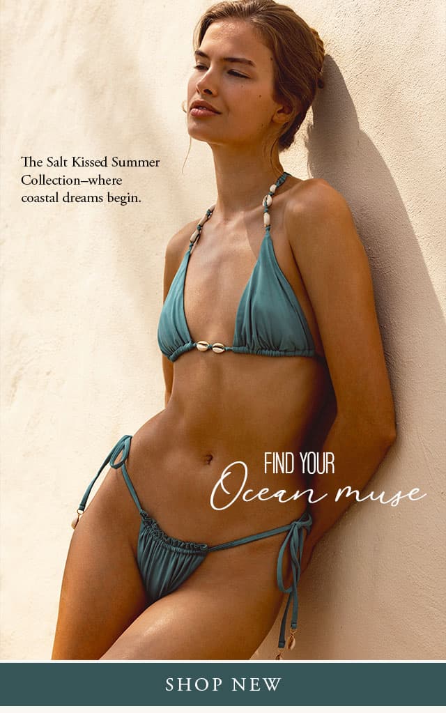 Find your ocean muse. Model wearing a teal bikini with shell hardware detail. Shop new. 