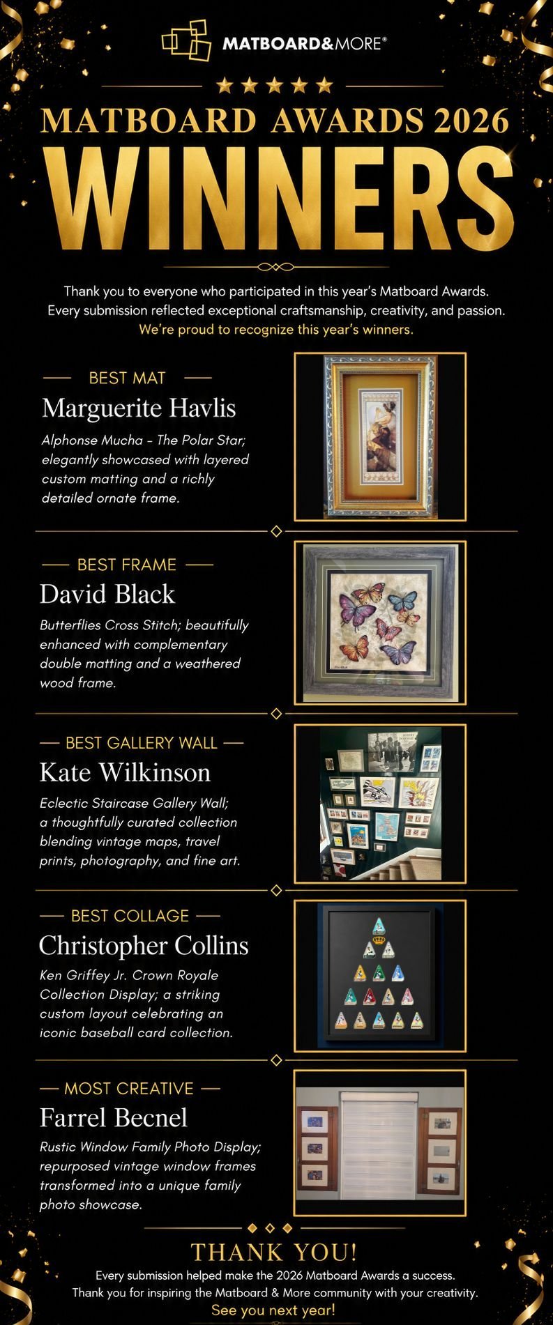 Thank you to everyone who participated in this year's Matboard Awards. Every submission reflected exceptional craftsmanship, creativity, and passion. We're proud to recognize this year's winners.  Best Mat  Marguerite Havlis  Piece: Art Nouveau Elegance  A beautifully matted Art Nouveau-inspired piece featuring layered matting and an ornate gold frame that perfectly complements the artwork.  Best Frame  David Black  Piece: Butterflies Cross Stitch  A colorful butterfly cross stitch enhanced with complementary double matting and a weathered wood frame that brings warmth and depth to the finished piece.  Best Gallery Wall  Kate Wilkinson  Piece: Eclectic Staircase Gallery Wall  A thoughtfully curated gallery wall combining vintage maps, travel prints, photography, and artwork into a cohesive and inviting display.  Best Collage  Christopher Collins  Piece: Ken Griffey Jr. Crown Royale Collection  An impressive custom display showcasing a complete Ken Griffey Jr. Crown Royale card collection with clean spacing and striking presentation.  Most Creative  Farrel Becnel  Piece: Rustic Window Family Photo Display  A unique family photo display created from repurposed vintage window frames, blending rustic charm with meaningful memories.  Thank You!  Every submission helped make the 2026 Matboard Awards a success. Thank you for inspiring the Matboard & More community with your creativity. See you next year!  Feeling inspired to start your next project?  SHOP CUSTOM MATBOARDS