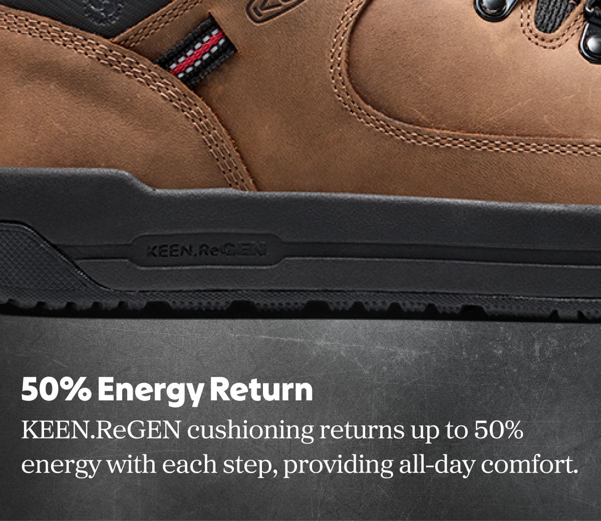 50% Energy Return: KEEN.ReGEN cushioning returns up to 50% energy with each step, providing all-day comfort