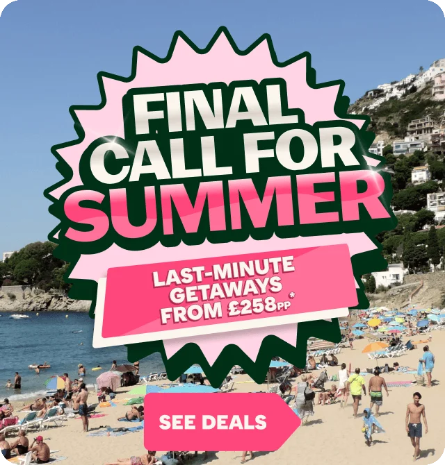 Promotional travel graphic over a busy seaside beach. A large pink starburst banner in the center reads “FINAL CALL FOR SUMMER,” with a smaller pink ribbon stating “LAST-MINUTE GETAWAYS FROM £258pp*.” A bright pink “SEE DEALS” button appears at the bottom. In the background, people are relaxing on a sandy beach beside blue water, with umbrellas, swimmers, and hillside buildings under a clear sky.
