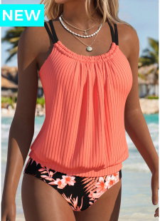 Orange Mid Waisted Drawstring Floral Print Tankini Set