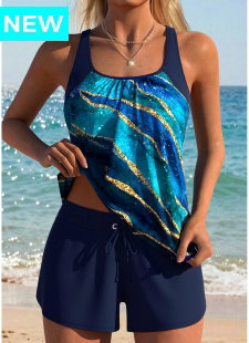 Navy Mid Waisted Tummy Coverage Marble Print Tankini Set