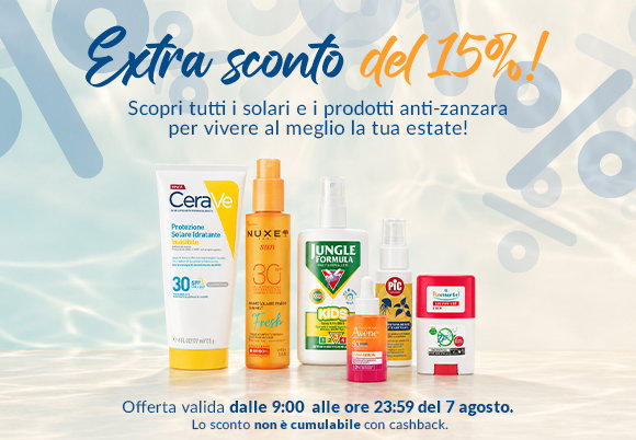 La tua estate parte qui: usa SUPER15 e risparmia il 15% su tutti i solari e gli antizanzare!