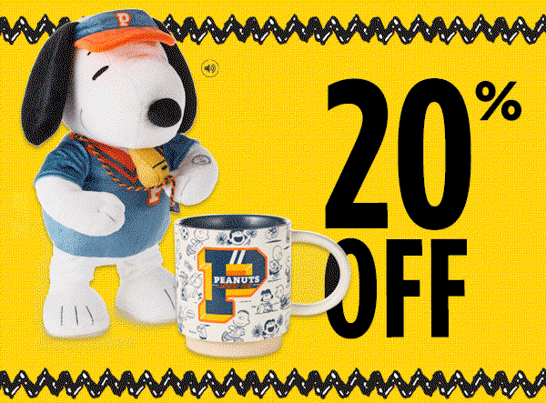 Varsity Coach Snoopy plush with sound and motion, plus Peanuts® mug and 20 percent off lettering.