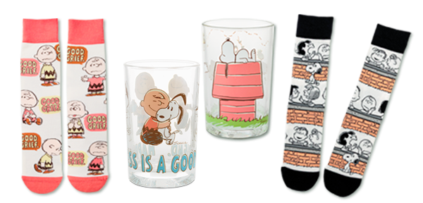Peanuts® socks and drinking glasses.
