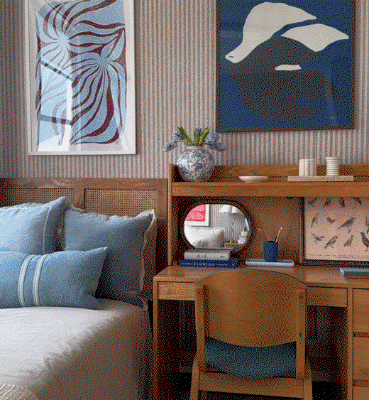 Gif image showing Tempaper's Charles Street Stripe wallpaper by Jeremiah Brent installed in a dorm room.