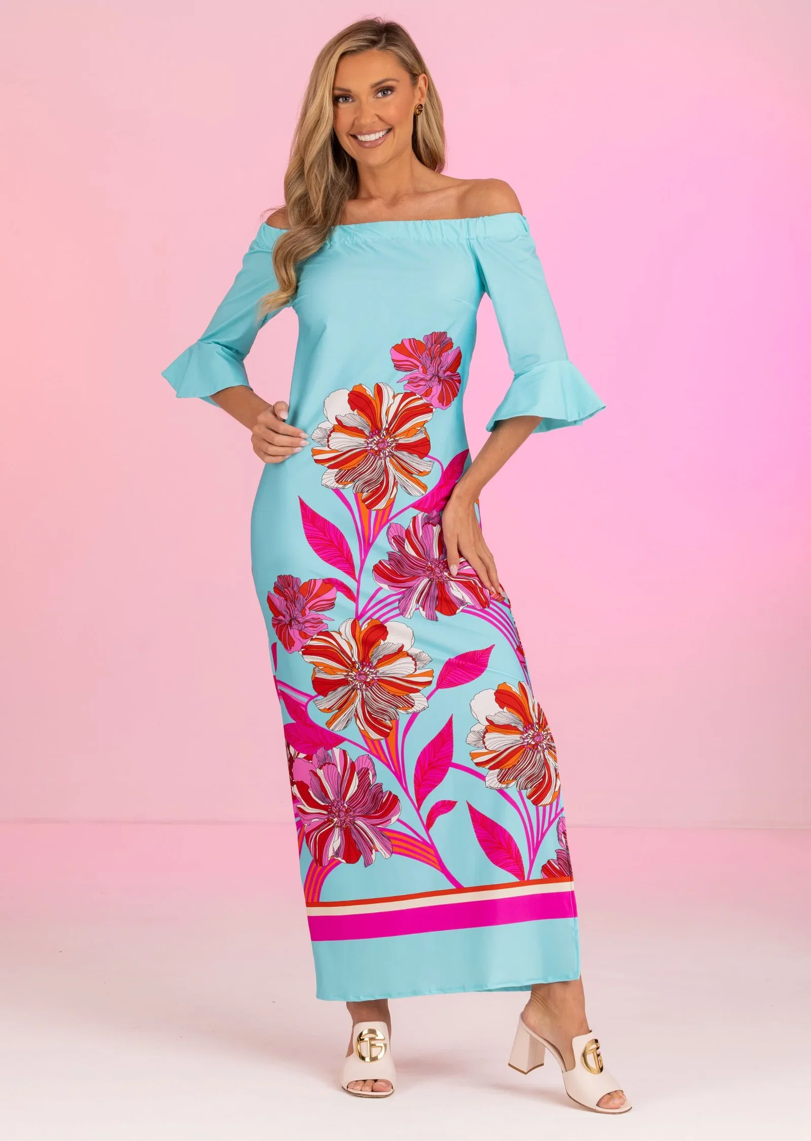 Image of Menton Long Off Shoulder Dress with Bell Sleeve (MT-685)