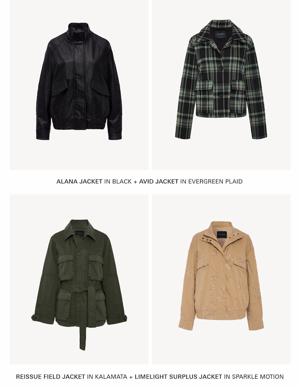 grid of jackets from leather, plaid, field, and utility