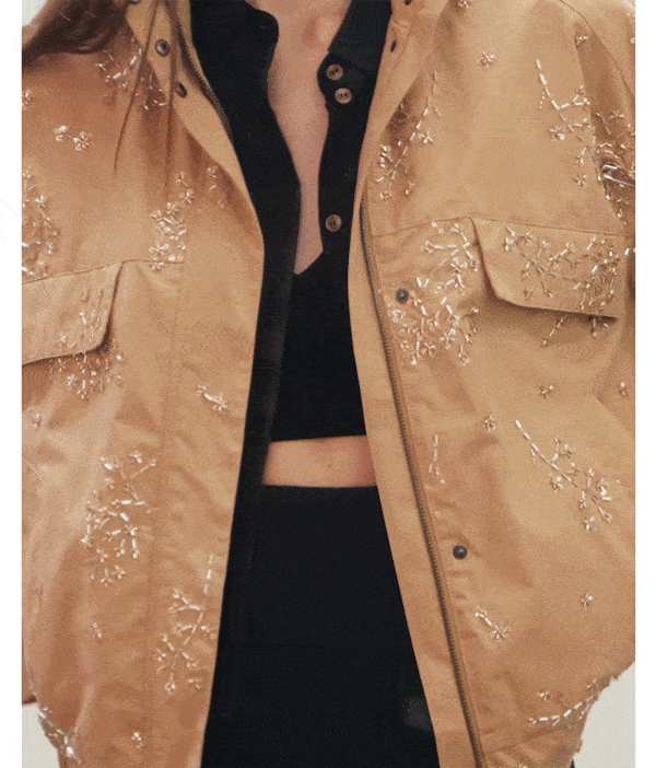 GIF OF model wearing limelight embellished khaki colored jacket