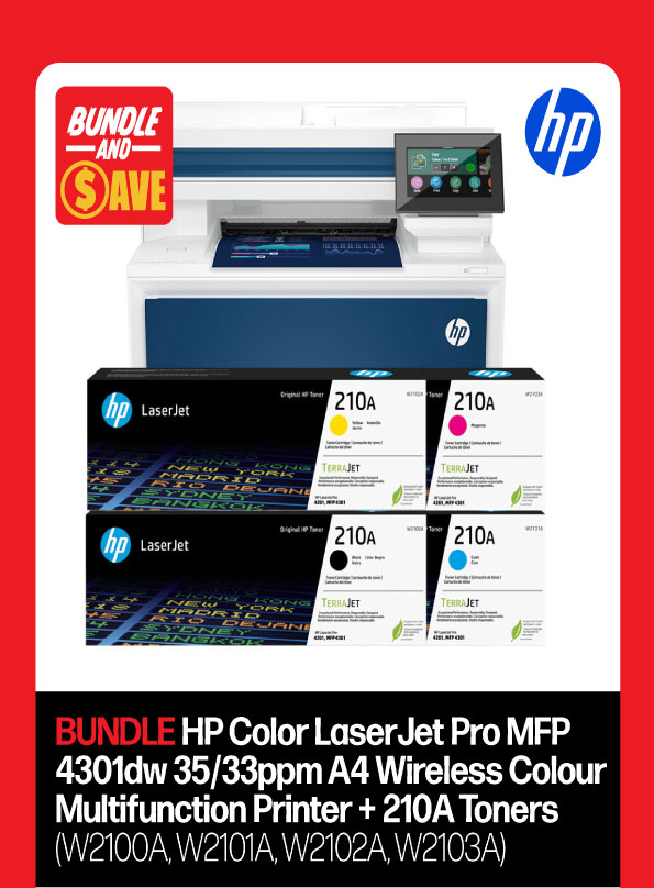 BUNDLE: HP Color LaserJet Pro MFP 4301dw 35/33ppm A4 Wireless Colour Multifunction Printer + 210A Standard Toners (W2100A, W2101A, W2102A, W2103A)