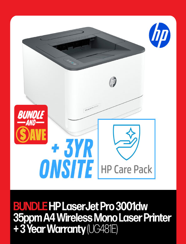 BUNDLE: HP LaserJet Pro 3001dw 35ppm A4 Wireless Mono Printer + 3 Year Warranty (UG481E)