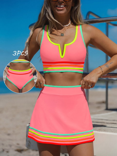3-Piece Colorblock Bikini Set with Skirt