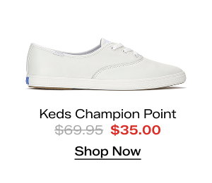 A side view of the Keds Champion Point Low Leather Lace-Up in white which was $69.95 and is now $35.00 for a limited time. Shop Now.
