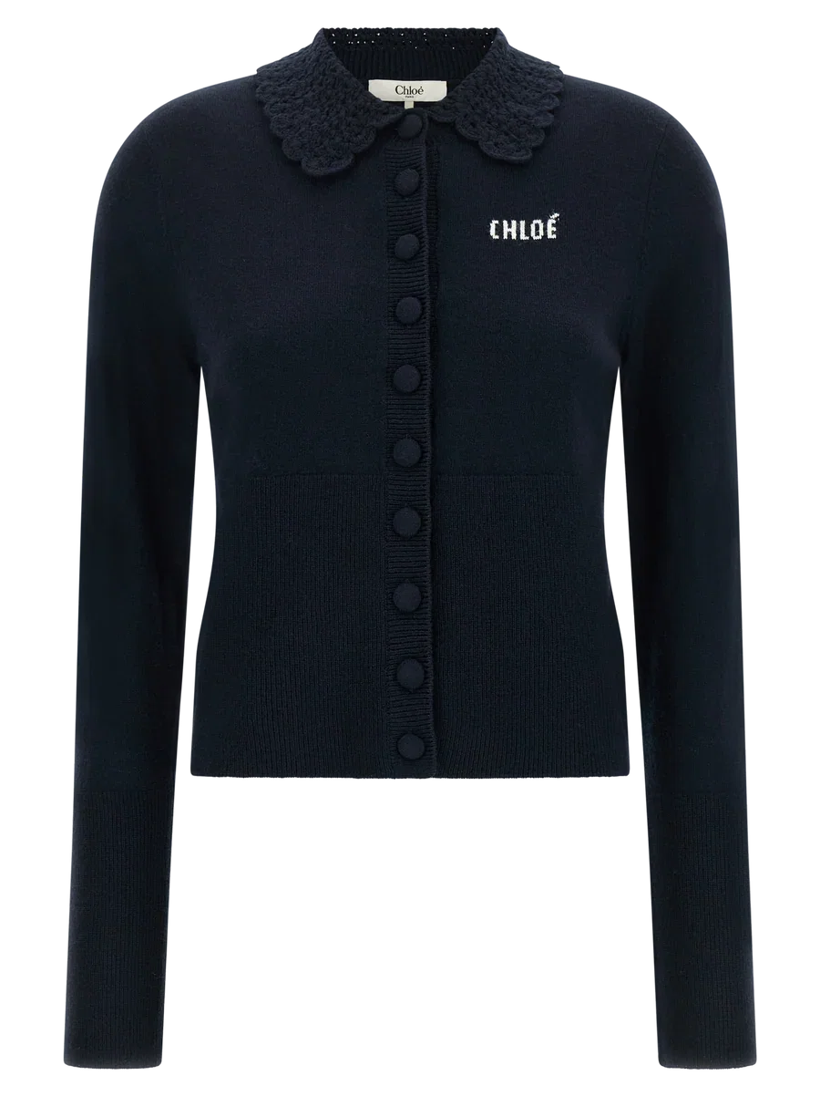 Chloe Crochet Collar Wool Cardigan Navy