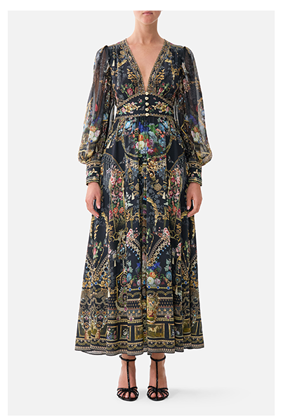 SHAPED WAISTBAND DRESS WITH GATHERED SLEEVES | NIGHT GARDEN