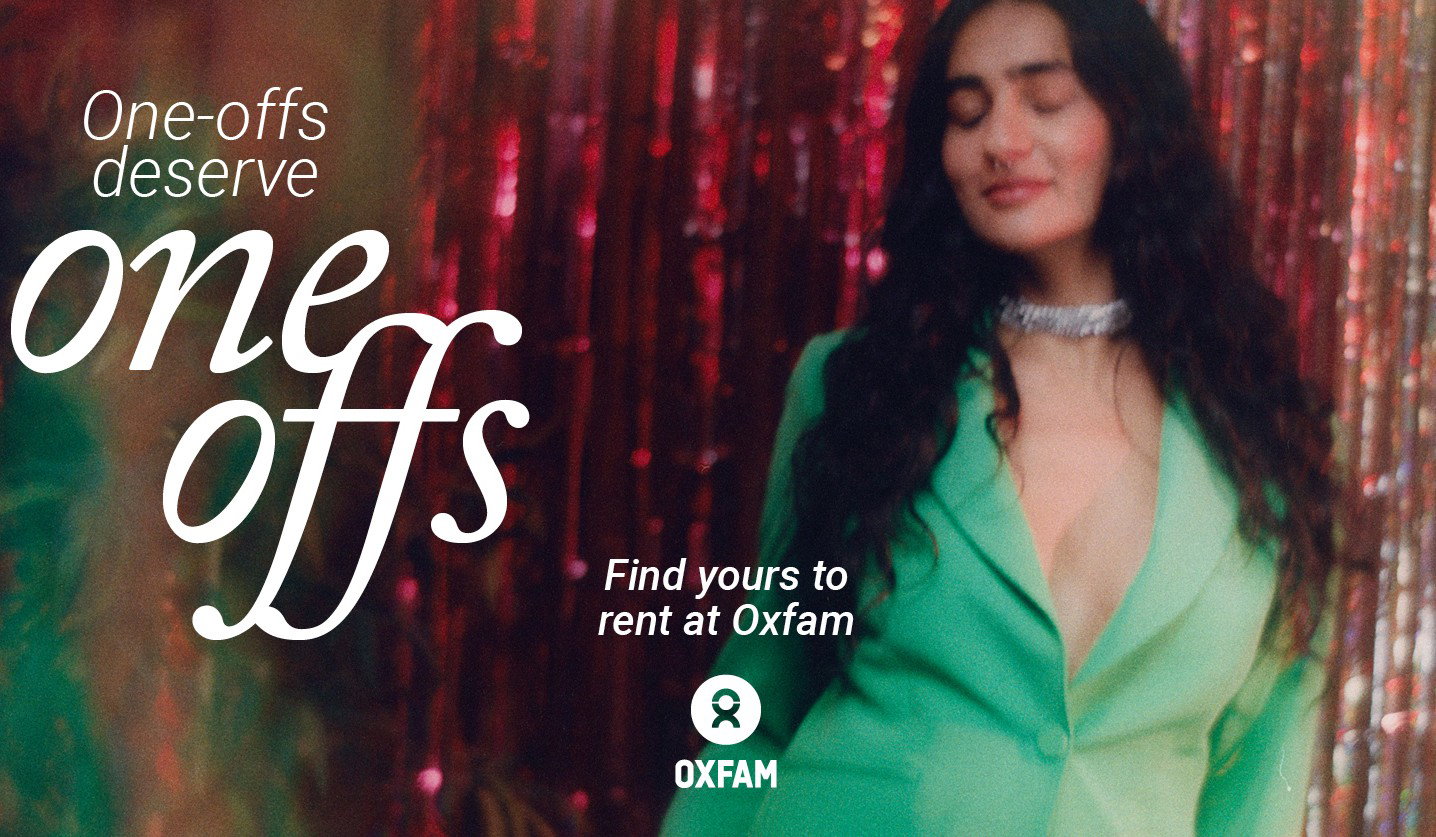 a woman in a colourful outfit stands in front of a glittery backdrop. Overlaid is the text: “one-offs deserve one-offs. Find yours to rent at Oxfam”
