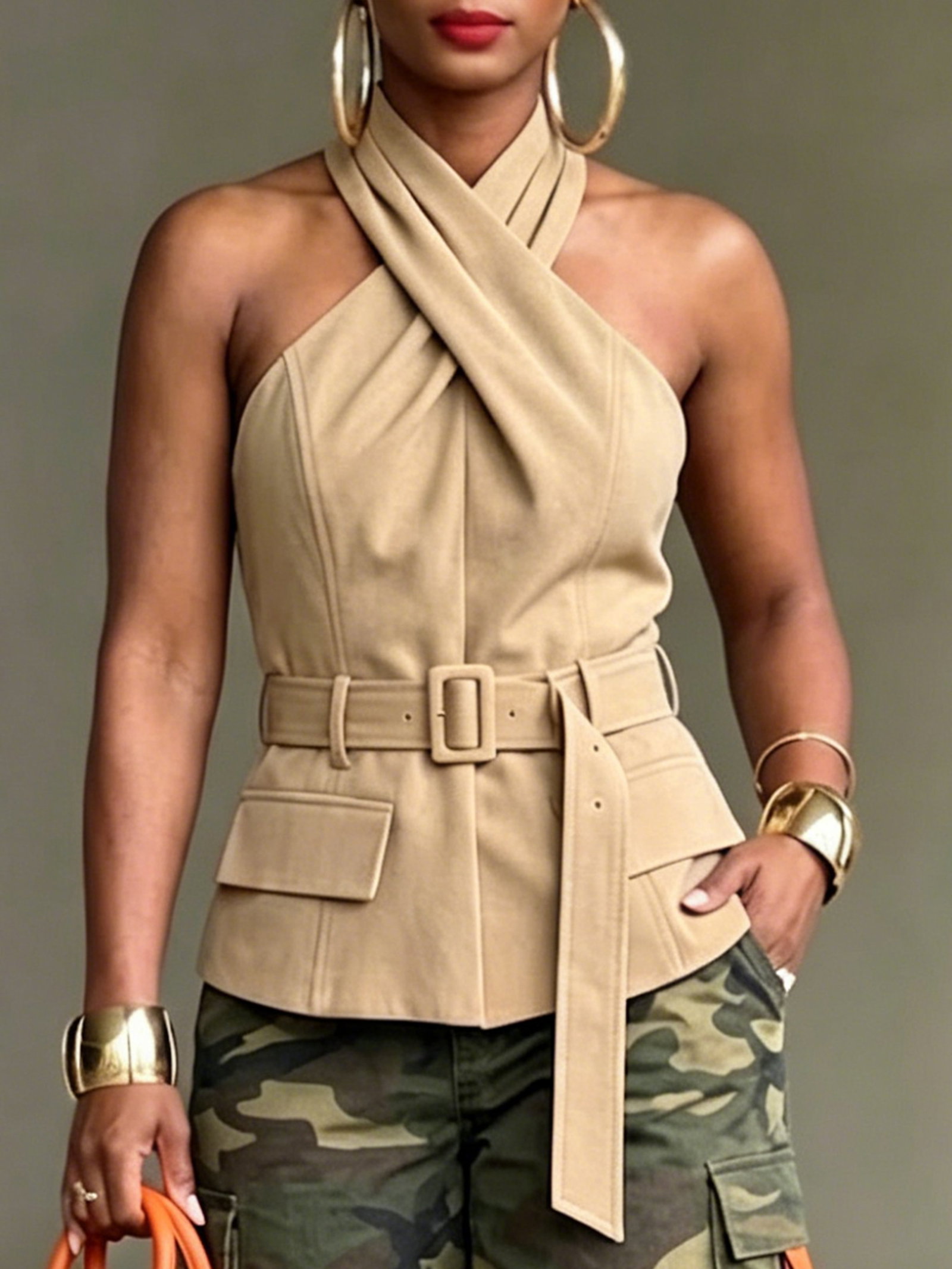 Urban Solid Tailored Cross Halter Neck Blouse