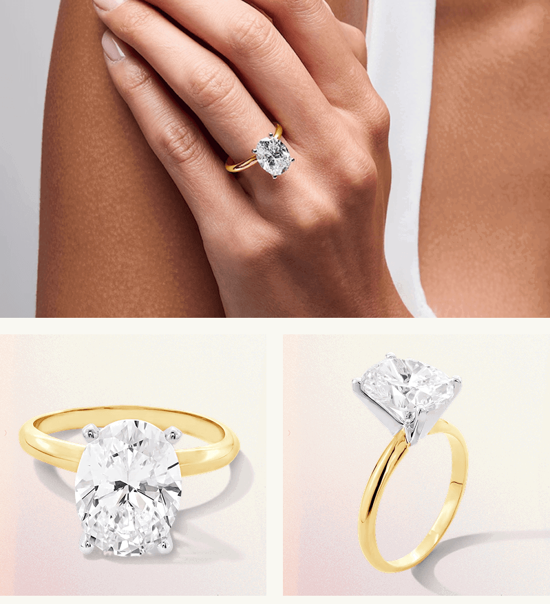 Gold band with large oval-cut centered stone, with model wearing said ring.