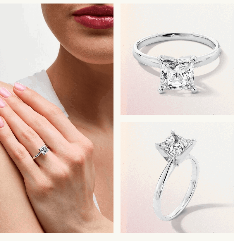 White gold band with square-cut centered stone, with model wearing said ring.