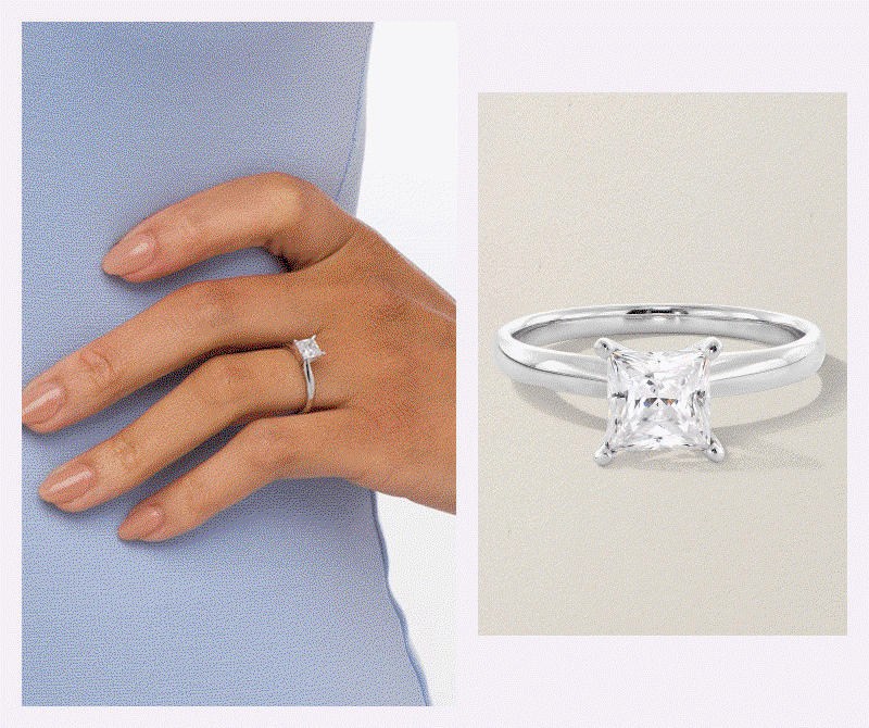 Rotating lifestyle & product shots of model wearing different shaped diamond & metal engagement rings.