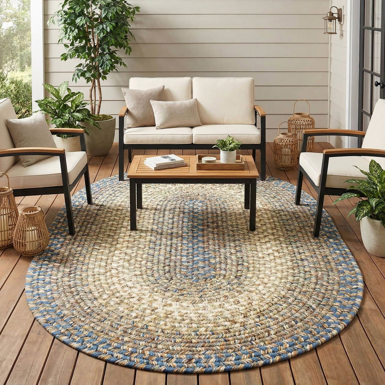 Ridgewood washable braided rug styled in a farmhouse living room