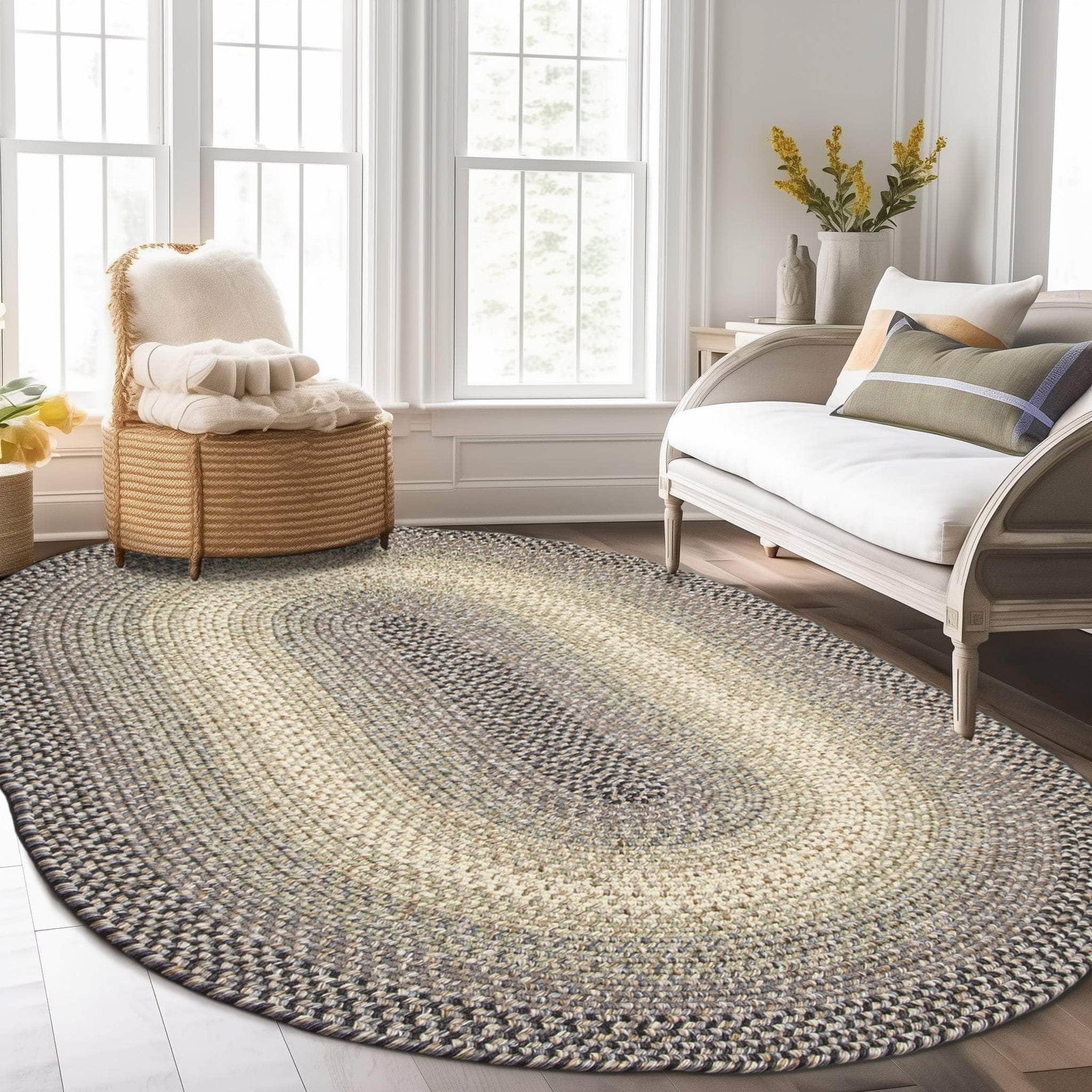 Gray and black braided rug for farmhouse interiors