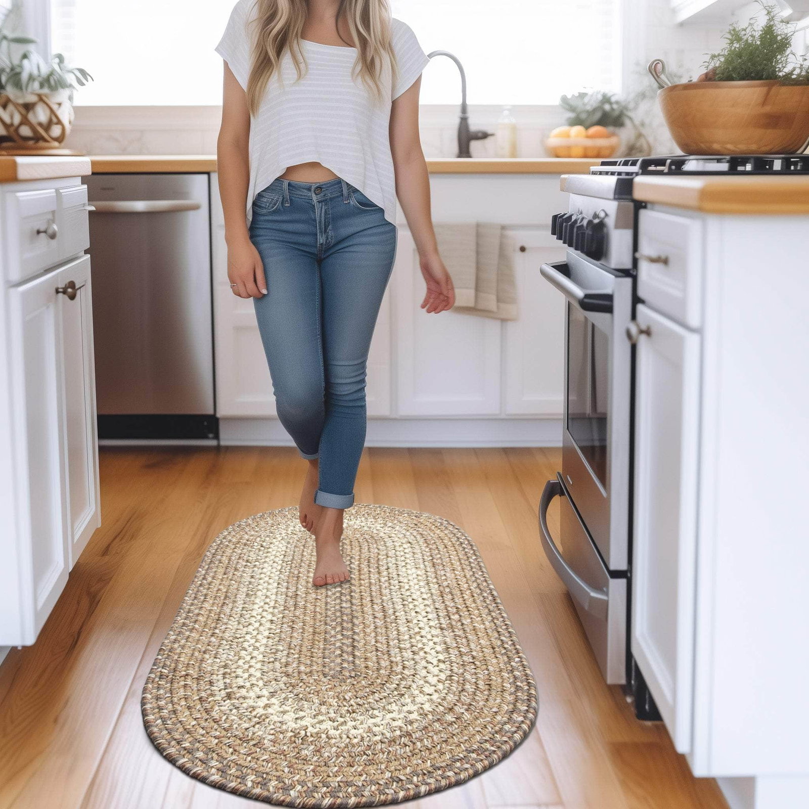 Ridgewood taupe braided farmhouse kitchen rug