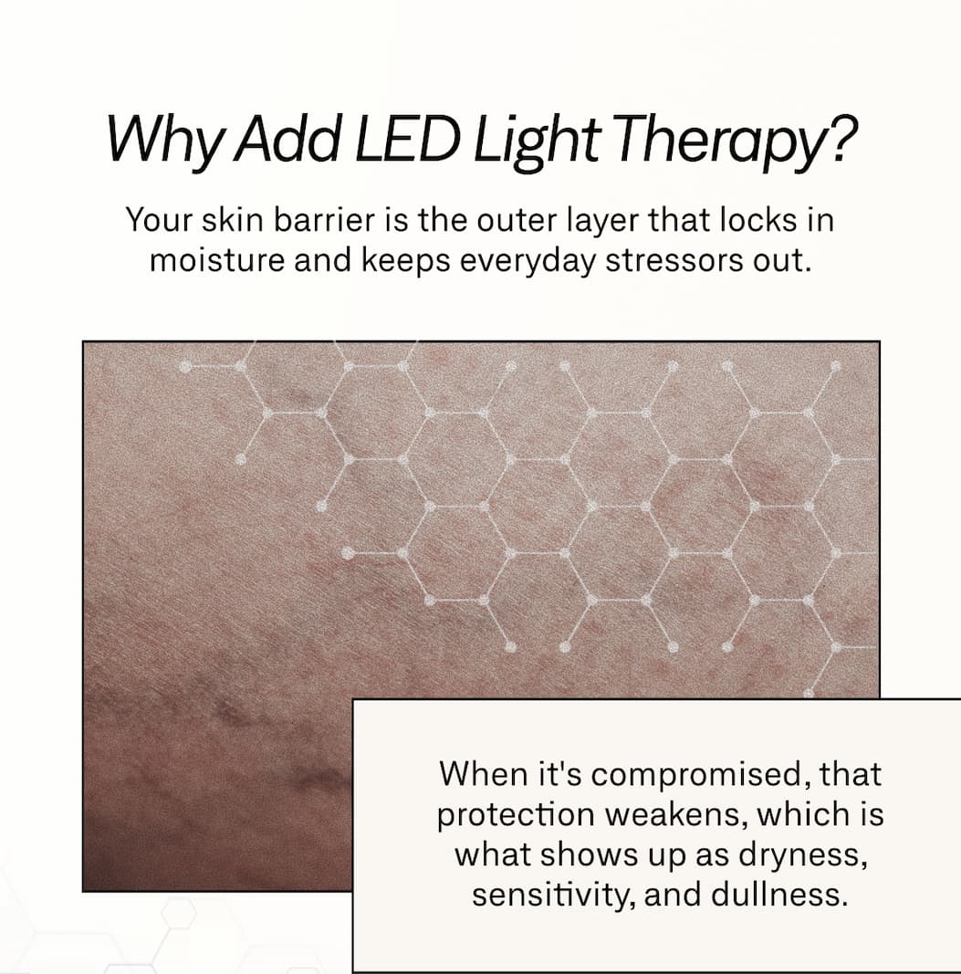 An explanation of the role of the skin barrier and how clinically proven red and near-infrared LED light therapy works at a cellular level while supporting natural cellular repair and renewal and helping support the skin's moisture barrier