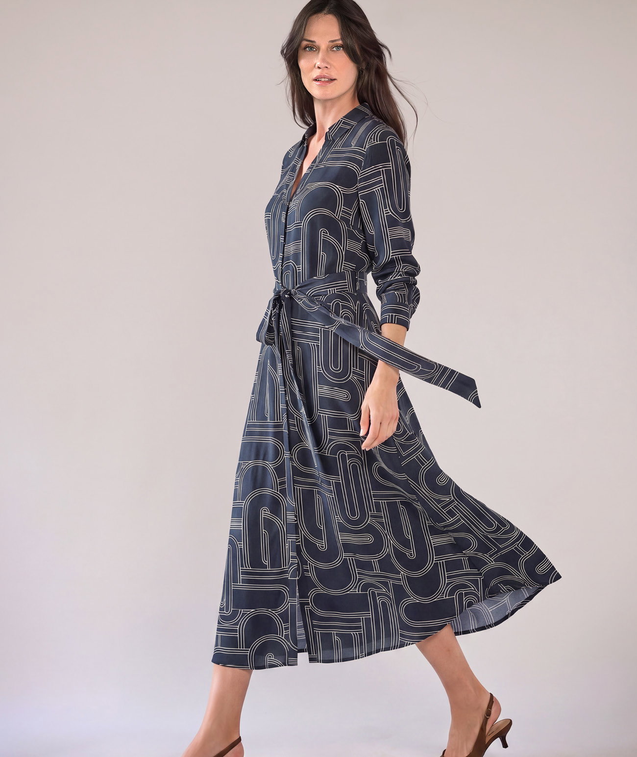 Linear Geo Silk Shirt Dress