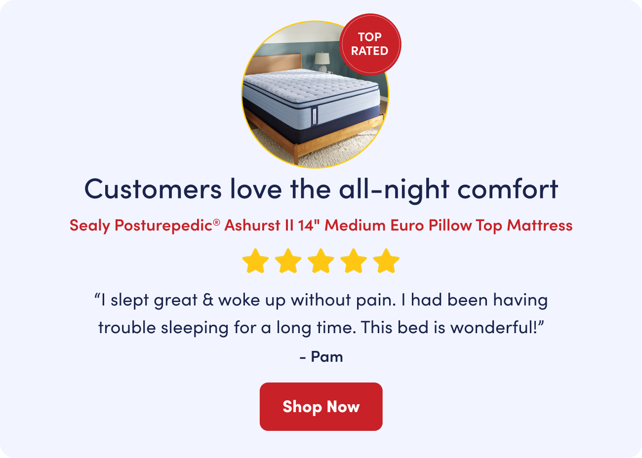 Customer review on Sealy Posturepedic mattress: “I slept great & woke up without pain. I had been having trouble sleeping for a long time. This bed is wonderful!”
