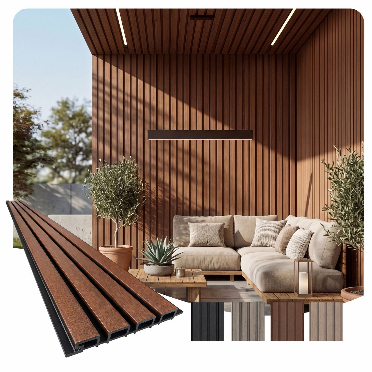 Image of Linear WPC Exterior Wall Slat Siding and Cladding Panels 114 in x 8.62 in - Ipe and Black - Pack