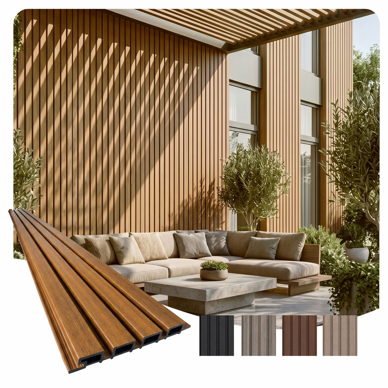 Image of Linear WPC Exterior Wall Slat Siding and Cladding Panels 114 in x 8.62 in - Light Walnut and Black- Pack