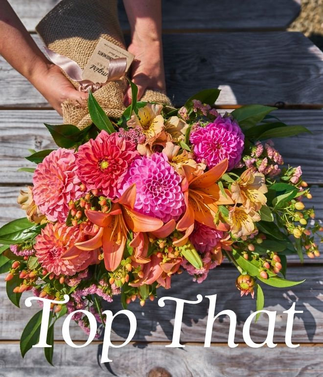 Image shows a burlap-wrapped bouquet of dahlias, alstroemeria, and hypericum berries in coral, pink, and orange, held against a rustic wood background. Text reads 