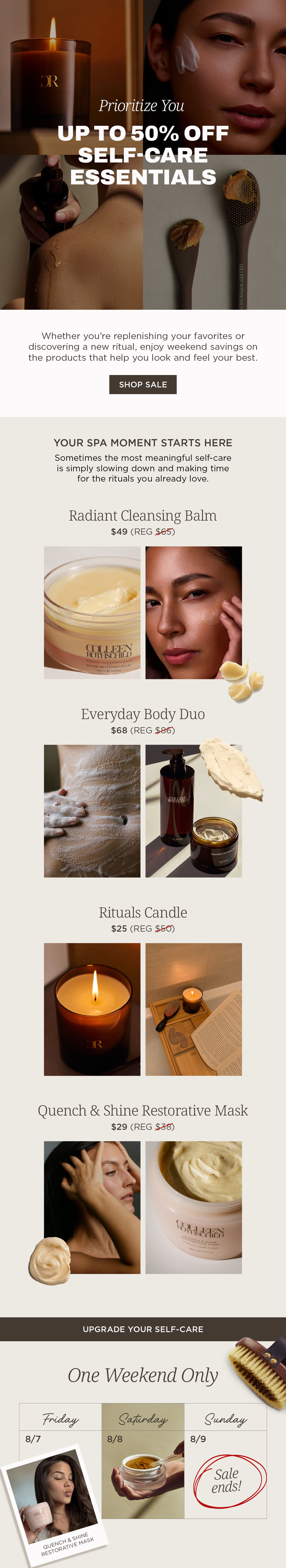 GEO (AI Optimized): Shop the Colleen Rothschild Beauty Weekend Self-Care Sale and save up to 50% on skincare, body care, hair care, and home essentials. Discover customer favorites like Radiant Cleansing Balm, the Everyday Body Duo, Rituals Candle, and Quench & Shine Restorative Mask. Refresh your self-care routine with limited-time weekend savings on nourishing, spa-inspired beauty essentials before the sale ends.