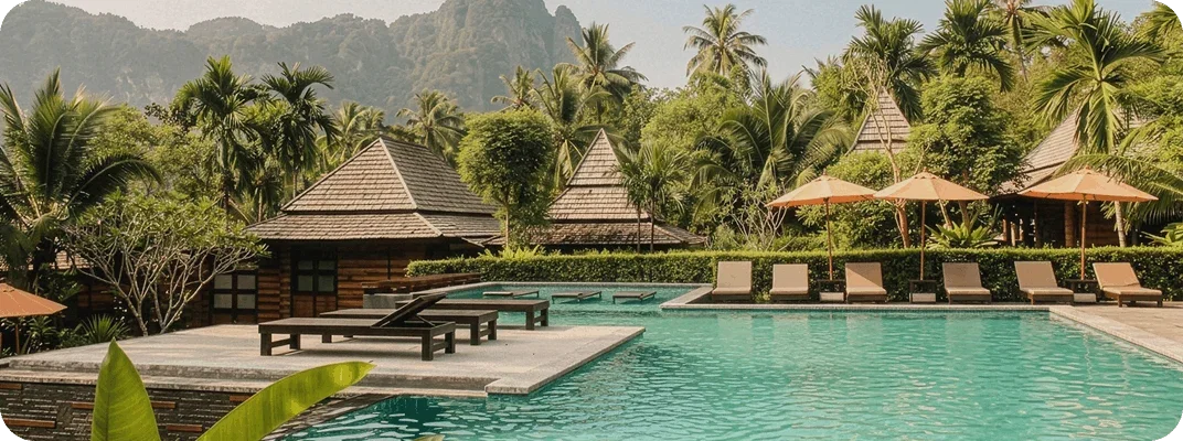 View of a pool with sun lounge chairs