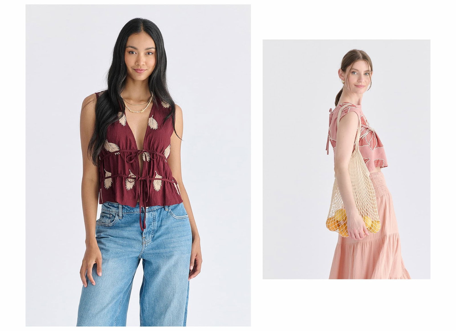 Leaf Embroidered Tie Front Waistcoat in Burgundy