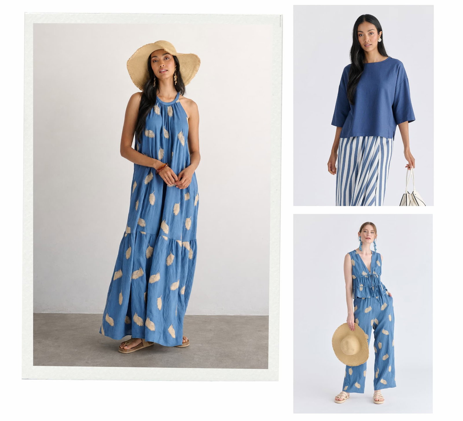 Leaf Embroidered Halterneck Maxi Dress in Blue