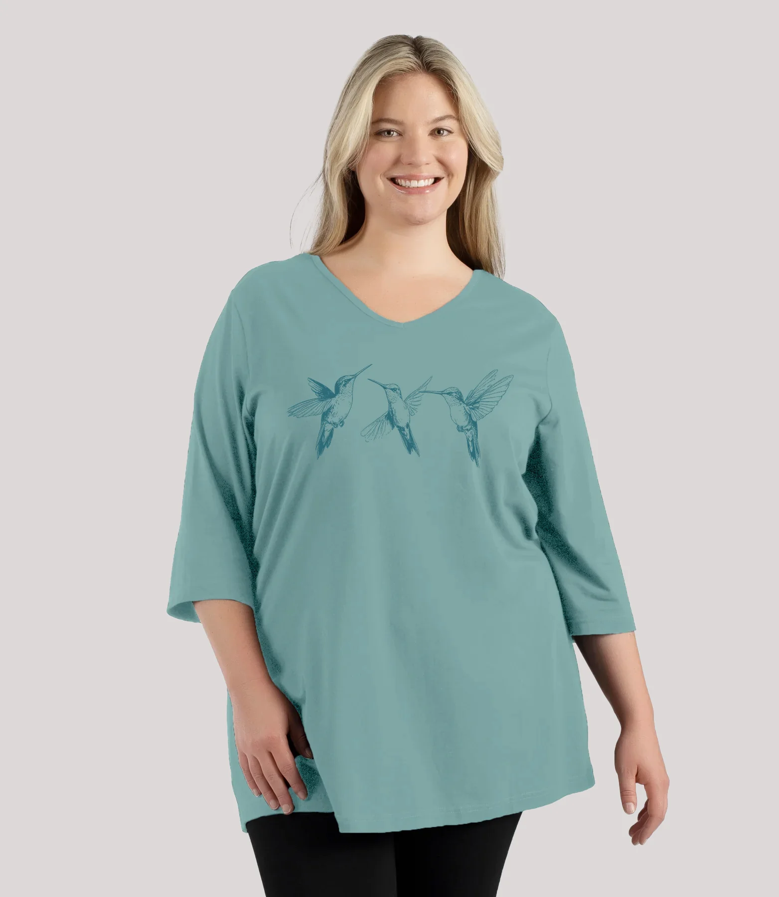 Image of Designer Graphic 3/4 Sleeve V-Neck Tunic Hummingbirds