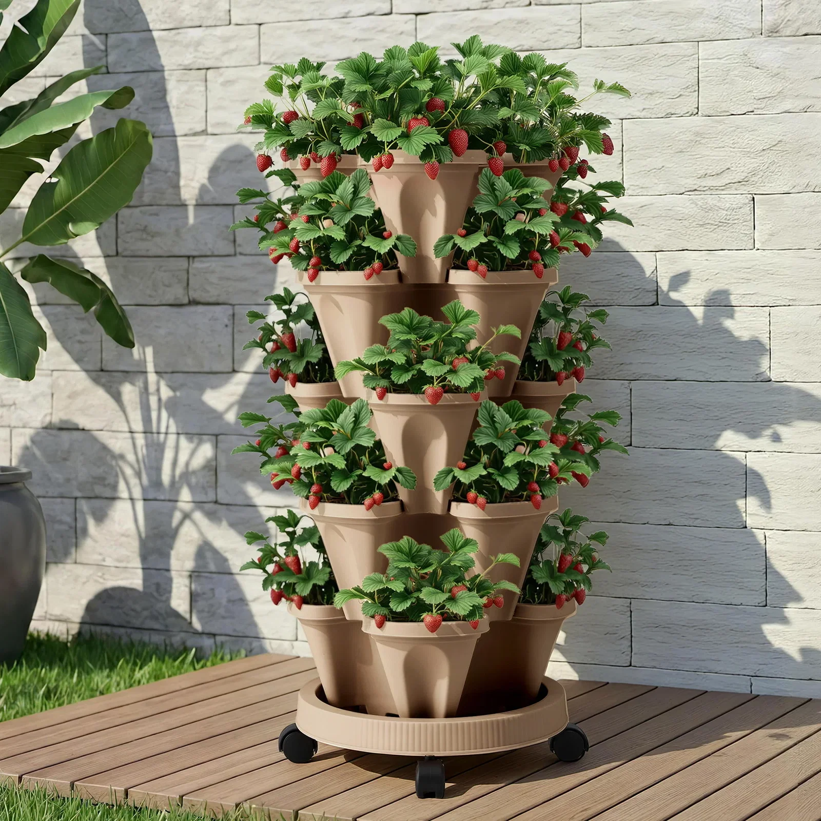 Garden Bed 5 Tier Vertical Garden Grey Strawberry Stackable Planters Herb Petunias Tan