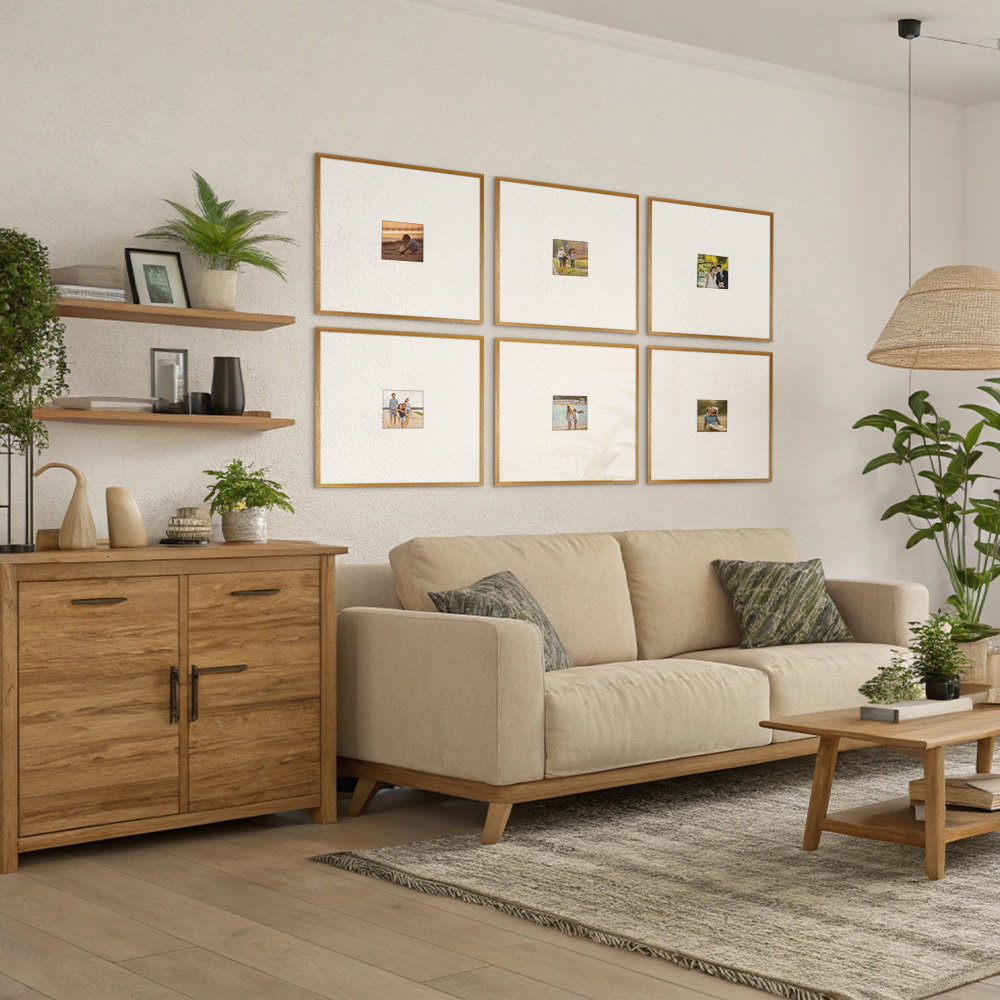 Six oak oversized mount photo frames arranged in a gallery wall above a beige sofa in a bright living room.