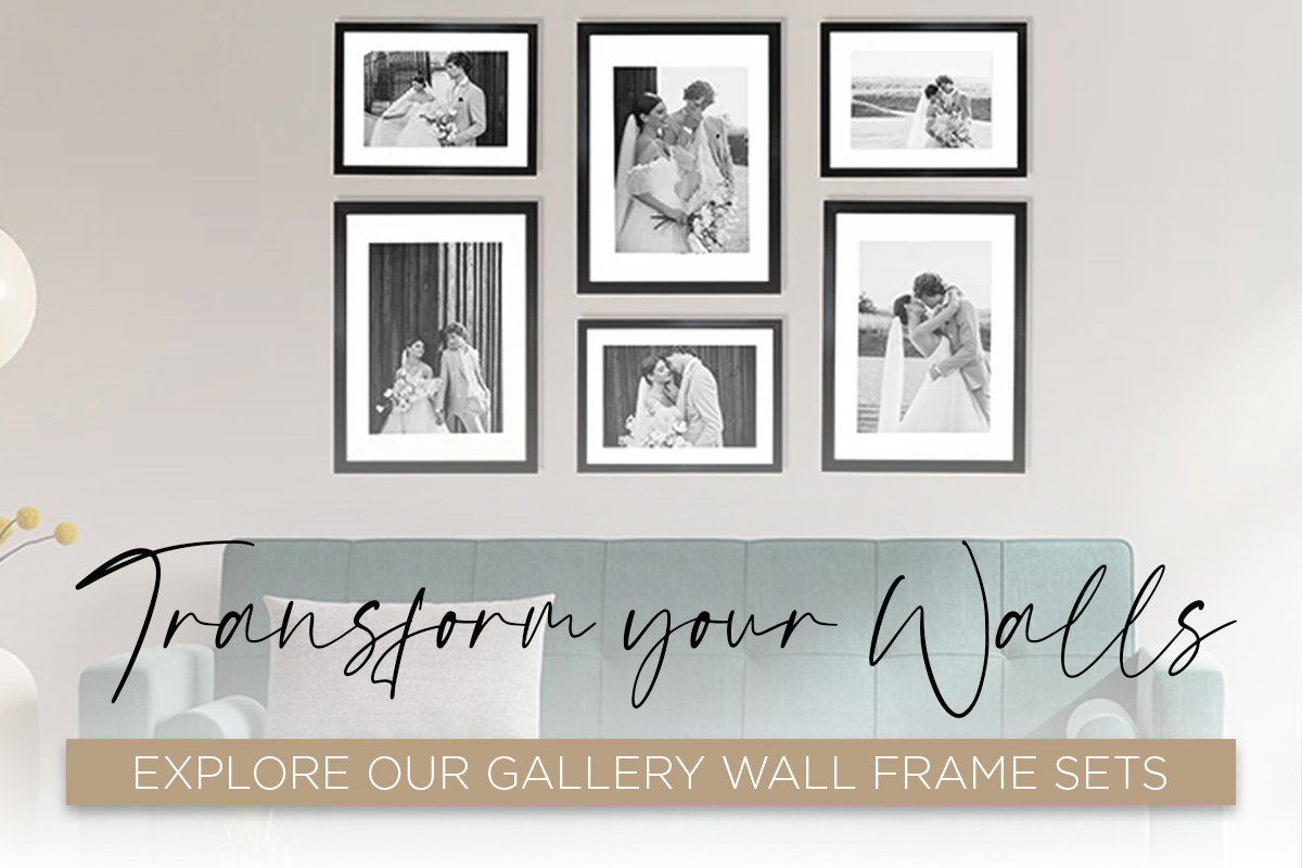 Gallery wall frame set displayed above a sofa with text promoting Photo Frames & Art gallery wall frame sets.