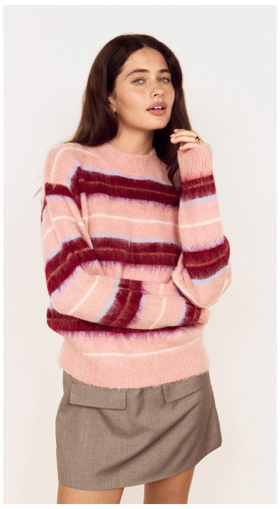 Pink Brushed Stripe Crew Neck Sweater