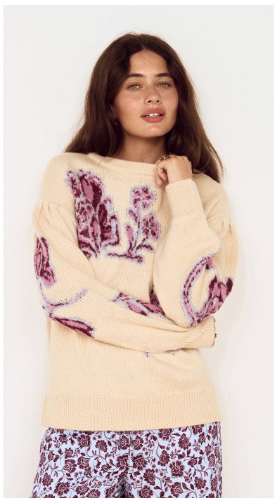 Cream Floral Intarsia Knit Sweater